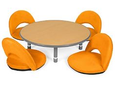 an orange table and four chairs with one chair up against the other, all in different colors