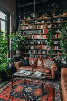 a living room filled with furniture and lots of plants on the shelves above it's bookshelf