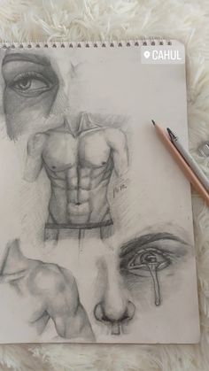 a pencil drawing of two men's torsos and one man's face