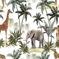 an elephant and giraffes in the jungle with palm trees on a white background