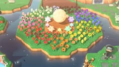 an animal crossing game is shown with flowers and animals in the foreground, along with people sitting on benches