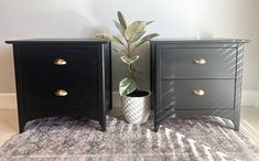 two black nightstands with gold handles and one has a plant in the vase on top