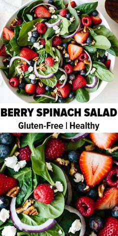 a salad with spinach, strawberries and blueberries on top is shown in two separate images