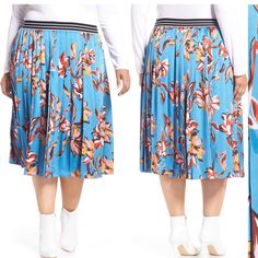 Blue Vibrant Floral Printed Pleated Skirt In Silk Like Smooth Material With Elastic Waste For Great Comfort. Brand New. Blue Skirted Bottoms For Fall, Spring Blue Pleated Skirt Bottoms, Spring Blue Pleated Midi Skirt, Spring Blue Midi Pleated Skirt, Blue Pleated Full Skirt, Blue Full Pleated Skirt For Spring, Blue High-waist Skirt For Fall, Blue Knee-length Pleated Skirt For Spring, Spring Blue Flared Pleated Skirt