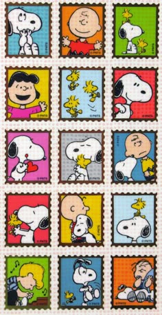 the peanuts postage stamp has many different pictures of snoop's faces on it, including one