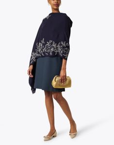 Janavi's shawl has been handcrafted in the label's atelier from a lightweight incredibly soft merino wool. This navy style features a delicate, silver embroidered floral motif for a subtle luster. Wrap it around your shoulders for an elegant, yet cozy layer during an evening out. Navy Style, Embroidered Wool, Navy Fashion, Wool Scarf, Floral Motif, Merino Wool, Shawl, Wool, Navy