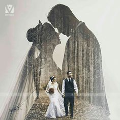 a bride and groom walking down a path in front of an image of a kissing couple