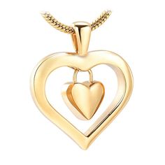 You can carry the remains of that person you love very close to your heart and wherever you are, show your love for that loved one. Do it with this beautiful Heart Charm Cremation Pendant that is made of high quality Stainless Steel that contains a small heart inside a larger heart. In order to fill this cremation pendant with cremains, it is necessary to open a hidden screw that is at the base of the heart. Accepts a small amount of ashes. We recommend putting a dab of glue on the screw to ensu Valentine's Day Open Heart Charm Necklace, Valentine's Day Open Heart Keepsake Necklace, Double Heart Necklace For Mother's Day Keepsake, Spiritual Heart Shaped Necklace For Mother's Day, Spiritual Heart Necklace For Mother's Day, Keepsake Double Heart Jewelry With Heart Beads, Gold Double Heart Memorial Necklace, Memorial Heart Charm Necklace, Gold Double Heart Necklace For Memorial