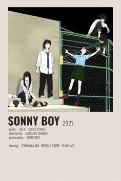 the poster for sony boy is shown with two people standing in front of a fence