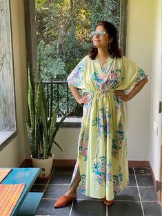 I made this Kaftan from a beautiful floral pattern in 100% mulmul cotton. Mulmul is a very fine variety of cotton which is extremely soft and it gets softer with every wash. It is so free flowing, that it will make you feel as if you aren't wearing anything at all ;) The beauty of the Kaftans is they will fit everyone so no need to worry about the size et all. All my Kaftans have deep necks(11-12 inches) so will fit all head sizes. However, the length of my kaftans will vary. I make all my kafta Nursing Robe, Kaftan Styles, Nursing Gown, Bridesmaid Pjs, Delivery Gown, Long Summer Dresses Maxi, Hospital Gown, Cute Pajamas, Bridesmaid Robes