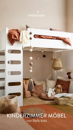 a white bunk bed sitting in a bedroom next to a brown and orange rug on top of a wooden floor