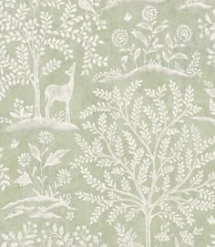 a green wallpaper with white trees and animals