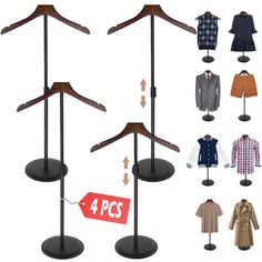 three wooden clothes racks with four different types of shirts and pants hanging on them, one is