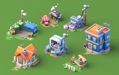 several different types of houses and buildings in low poly style, including one with a cat on the roof