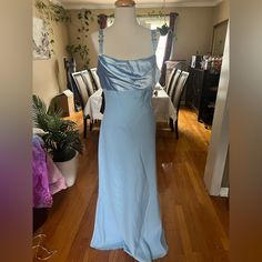 New With Tags, Elegant Gown Fitted Floor-length Blue Bridesmaid Dress, Elegant Fitted Light Blue Bridesmaid Dress, Blue Pleated Bodice Evening Dress For Bridesmaid, Blue Pleated Bodice Bridesmaid Dress, Blue Bridesmaid Evening Dress With Pleated Bodice, Fitted Light Blue Bridesmaid Dress For Wedding, Blue Bridesmaid Gown With Sweetheart Neckline, Formal Blue Satin Bridesmaid Dress, Light Blue Fitted Homecoming Gown