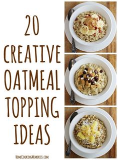 four bowls filled with oatmeal and toppings on top of a wooden table