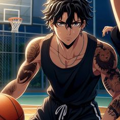 an anime character holding a basketball in his right hand