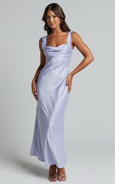 Cecilia Midi Dress - Cowl Neck Satin Bias Cut Dress in Lilac | Showpo USA Elegant Lavender Gown With Sweetheart Neckline, Elegant Lavender Maxi Dress For Formal Occasions, Elegant Fitted Lavender Dress, Elegant Lavender Floor-length Dress, Elegant Lavender Prom Dress, Lavender Fitted Maxi Dress For Formal Occasions, Fitted Lavender Maxi Dress For Formal Occasions, Lavender Sleeveless Dress For Gala, Elegant Lavender Maxi Dress For Prom