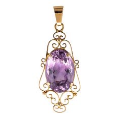 This is part of Chairish’s Fine Jewelry assortment.  Pendant in 18 karat rose gold.  Charming antique jewel, the mounting is made of gold threads forming arabesques.  In the center a splendid and important amethyst is set.  Amethyst weight: approximately 16.5 carats.  Total height: 5.1 cm, width at widest: 2.2 cm.  Total weight of the jewel: about 6.8 g.  Sold alone without the presentation chain.  Antique jewel - French work from the second half of the 19th century, the beliere is later.  Our opinion: The amethyst is absolutely sublime.  In a perfect purple hue, it presents a precise and delicate faceting of its breech which also allows the breech pendant to be worn forwards so it is well cut.  This item has been used and may have some minor flaws. Before purchasing, please refer to the i Vintage Pendant Necklace, Amethyst Necklace Pendant, Napoleon Iii, Rose Gold Pendant, Amethyst Jewelry, Star Jewelry, It Is Well, Statement Pendant, Gemstone Necklace Pendant