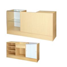 two wooden shelves with glass doors on each side and an empty shelf in the middle