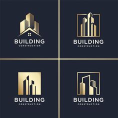 four logos for building construction company, including skyscrapers and buildings with gold foil on black background