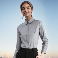 Olivia Mark - Cotton Long-Sleeve Formal Work Shirt with Hidden Buttons, Wrinkle-Free Professional Workwear Blouse Elegant Wrinkle-resistant Tops For Work, Elegant Wrinkle-resistant Work Tops, Wrinkle-resistant Solid Long Sleeve Shirt, Wrinkle-resistant Tops For Spring Workwear, Spring Wrinkle-resistant Tops For Workwear, Spring Wrinkle-resistant Workwear Tops, Long Sleeve Plain Office Shirt, Plain Long Sleeve Office Shirt, Elegant Long Sleeve Wrinkle-resistant Tops