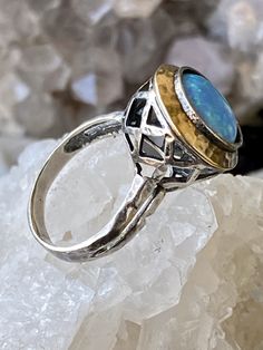 Beautiful Sterling Silver 14kt Gold Blue Opal Vintage Ring Ring size 9 1/4 Oval Blue Opal Ring In 14k Gold, Classic Blue Oval Opal Ring, Blue Opal Ring In 14k Gold For Formal Occasions, Elegant Blue Opal Ring In 14k Gold, Blue Cabochon Ring In Fine Jewelry Style, Blue Cabochon 14k Gold Ring, 14k Gold Blue Cabochon Rings, Fine Jewelry Blue Cabochon Ring, Blue Cabochon Fine Jewelry Ring