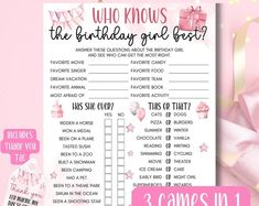 a pink birthday game with the words who knows the birthday girl best?