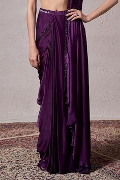 Purple georgette satin pre-draped saree with cutdana and beaded hand embellishments. Comes with a padded blouse. - Aza Fashions Draped Saree, Purple Saree, Satin Hands, Padded Blouse, Drape Saree, Blouse For Women, Saree With Blouse, Sarees Online, Aza Fashion