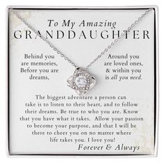 This pendant necklace makes a great: Christmas gift for your granddaughter, birthday gift for her, Valentine's Day or graduation gift for your granddaughter The unique message card included in the jewelry box reads: To My Amazing Granddaughter, If I could give you just one thing, it would be to see yourself through my eyes. Then you should see how awesome you are. You are strong, you are brave, and you will succeed. Follow your dreams and believe in yourself, for I will always be in your corner Birthday Gift Necklace With Hallmark, Sterling Silver Jewelry For Birthday Gift With Gift Box, Sterling Silver Jewelry For Birthday Gift With Box, Mother's Day Birthday Gift Wrapped Necklace, Anniversary Birthstone Jewelry Gift, Gift-wrapped Necklace For Birthday On Mother's Day, Anniversary Jewelry With Birthstone, Birthstone Jewelry For Anniversary Gift, Valentine's Day Anniversary Gift Wrapped Jewelry