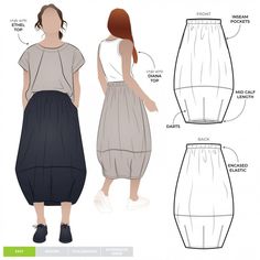 the back and side view of a woman's skirt with measurements for each section