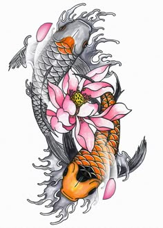 two koi fish with water lilies on their tails and one flower in the middle