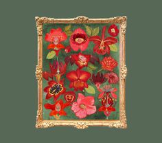 a painting with red flowers and green leaves on the bottom, framed in gold frame