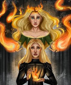 two women with blonde hair and fire behind them