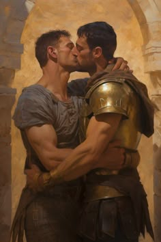 a painting of two men kissing each other