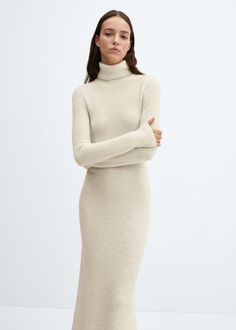 Knitted turtleneck dress - Women | Mango USA Shoulder Pad Dress, Short Shirt Dress, Knitted Turtleneck, Sweater Season, Turtleneck Dress, Turtleneck Long Sleeve, Turtleneck Sweater Dress, Printed Long Dresses, Long Sleeve Sweater Dress