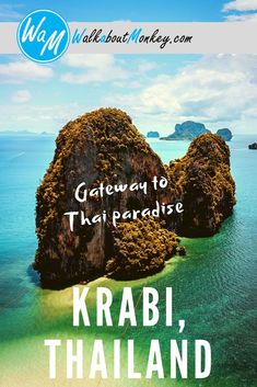 an advertisement for the travel company, krabi, thailand with two rocks in the water