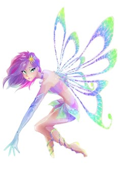 a fairy with purple hair and wings flying through the air