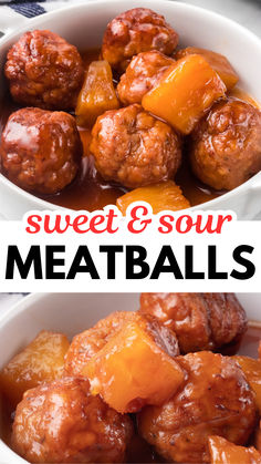 sweet and sour meatballs in a white bowl with text overlay that reads, sweet and sour meatballs