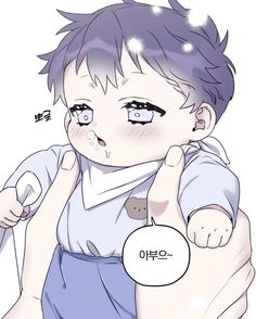 an anime character with purple hair and blue shorts holding his hand up to the camera