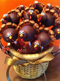 chocolate turkey candies in a basket on a table