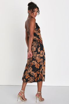 Make the most of any elegant evening by wearing a sensational look like the Lulus Favorite Icon Black Floral Satin Cowl Neck Slip Midi Dress! Luxe woven satin boasts a unique, vintage-inspired floral print throughout as it shapes a sleeveless bodice with a draping cowl neckline and adjustable spaghetti straps. The sexy, slip-style silhouette will effortlessly flatter your figure as it continues down to a sophisticated midi hem. Hidden back zipper/clasp. Fit: This garment fits true to size. Lengt Fall Time Outfits, Dresses Appropriate, October Wedding Dresses, Floral Satin Dress, Guest Wedding Dresses, Midi Dress Floral, Slip Midi Dress, Casual Formal Dresses, Black Floral Dress