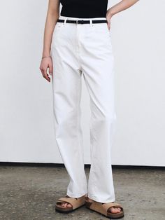 This product is a pair of light straight cotton pants, a quintessential wardrobe staple with a clean and minimalistic design. They are crafted to offer a comfortable straight fit, perfect for a relaxed yet polished look. The pants feature a mid-rise waist that sits naturally on the hips, providing a timeless silhouette suitable for various occasions. - Cut to offer a straight leg fit, these cotton pants provide both comfort and a classic style.- A mid-rise design ensures the pants rest comfortably at the hip, offering a versatile fit for different body types.- They are constructed with a lightweight cotton material, making them ideal for warmer climates or layering in cooler weather.- The pants maintain a sleek look with minimal detailing, emphasizing their adaptability and effortless White Straight Bottoms For Workwear, White Straight Bottoms, Classic White Straight Bottoms, Relaxed Fit Solid Color Straight Pants, White Straight Fit Pants With Five Pockets, Straight Cotton Bottoms For Spring, White Cotton Straight Pants, Spring Straight Cotton Bottoms, Solid Cotton Straight Bottoms