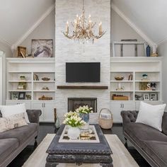 a living room with two couches and a tv in the middle of the room