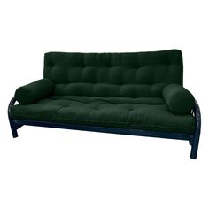 a green futon couch with pillows on it's back and armrests