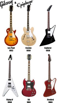 an image of different guitars with names on them