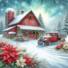 a painting of a red truck in front of a barn with poinsettis