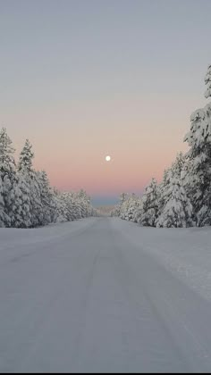 the sun is setting on a snowy road with trees in the foreground and snow covered ground