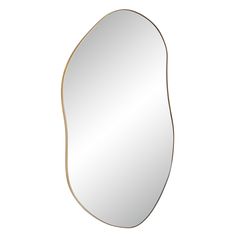 an oval shaped mirror with gold trim on the bottom and sides, against a white background