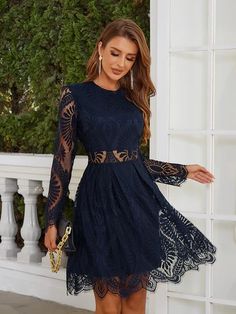 Elegant and Sophisticated with Sheer Insert Scallop Trim Lace Dress Corporate Dress, Elegant Evening Gowns, Lace Trim Dress, Scallop Trim, Evening Gowns Elegant, Everyday Chic, Navy Lace, Classy Chic, Classy Women